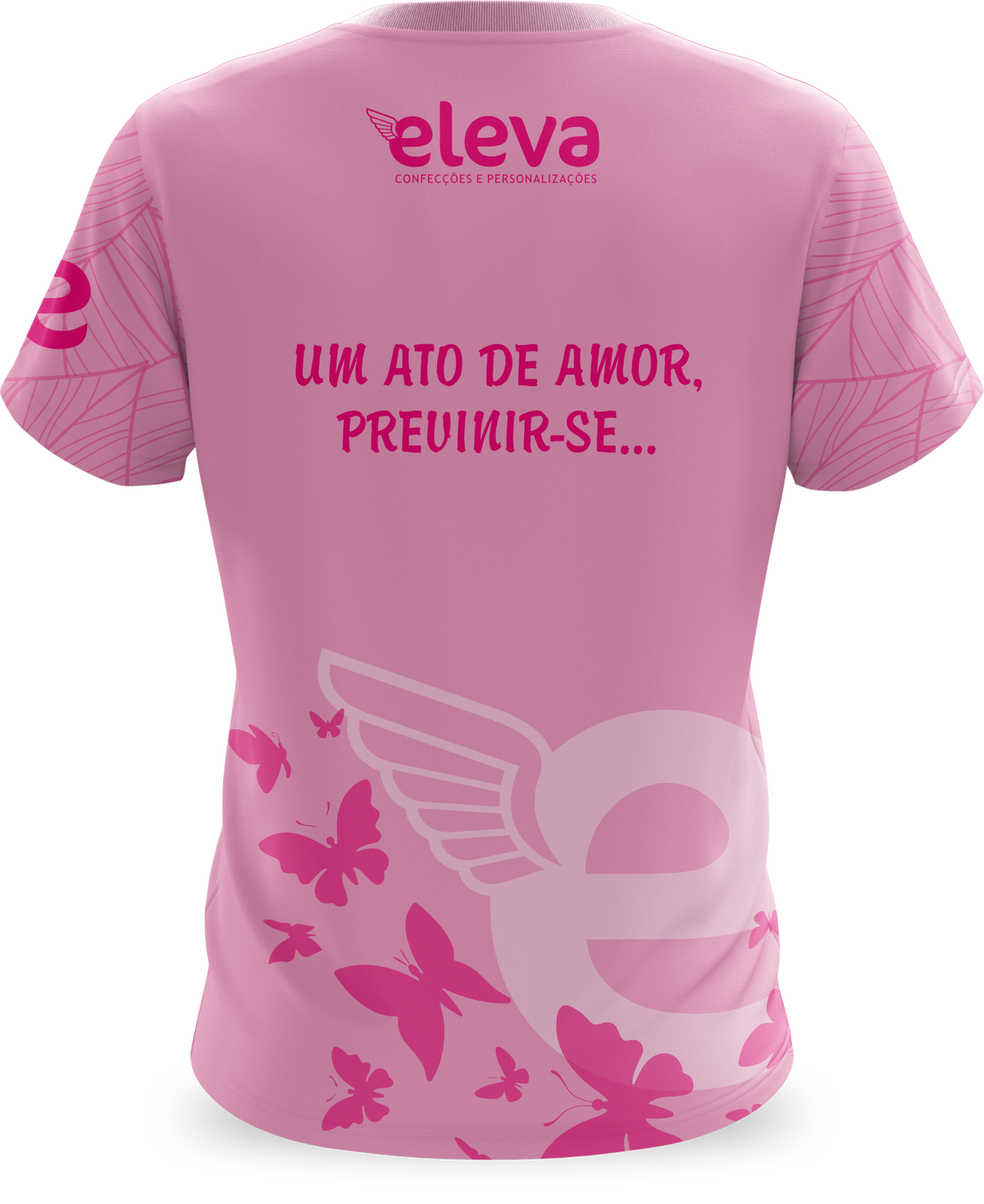 Costas da camiseta Outubro Rosa com mensagem de conscientização
