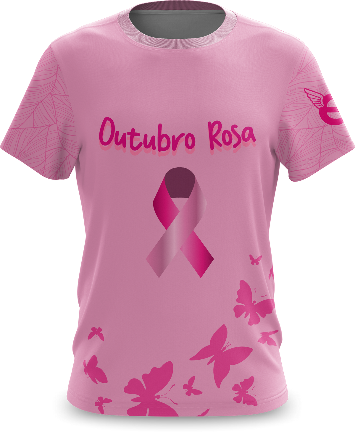 Frente da camiseta Outubro Rosa com laço e borboletas