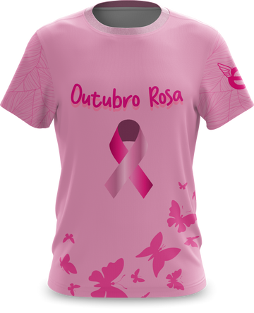 Frente da camiseta Outubro Rosa com laço e borboletas
