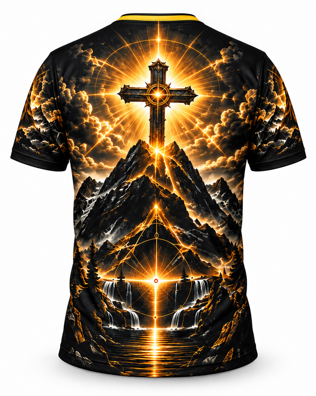 Camiseta Jesus Luz da Fé masculina vista frontal em preto e dourado