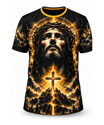 Camiseta Jesus Luz da Fé masculina vista frontal em preto e dourado